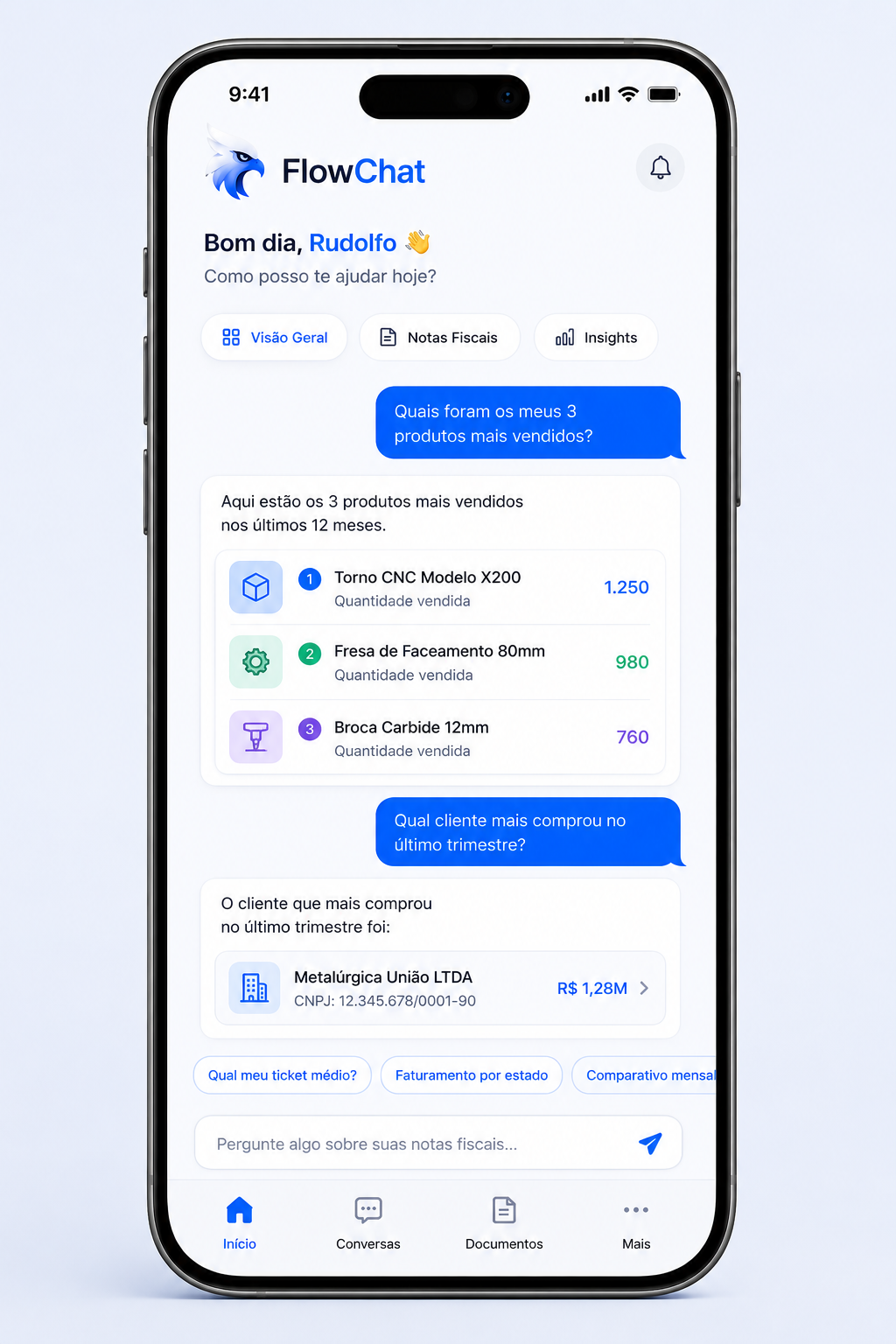 Aplicativo da FlowChat mostrando os produtos mais vendidos e o cliente que mais comprou no trimestre